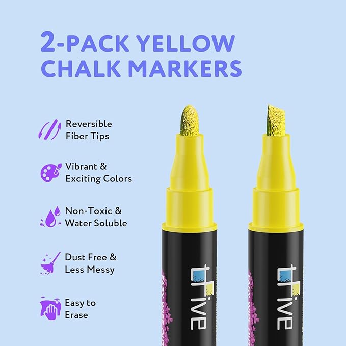 TFIVE Yellow Liquid Chalk Markers - 2 Pack Bright Colors Erasable Chalk Marker Pens, Reversible Tip, Non-Toxic, for Chalkboards, Signs, Glass, Easy to use Chalk markers TF800