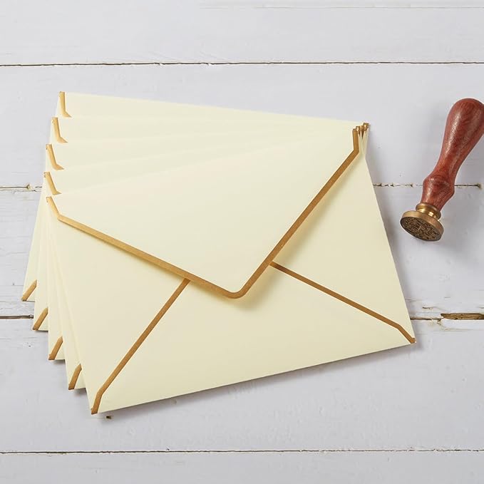 50 Pack A7 Envelopes Cream Color 5 x 7 Self-Adhesive V Flap Envelopes with Gold Border for Office, Greeting Card, Wedding, Graduation, Baby Shower, Parties, Invitations (Cream Color, 5x7)