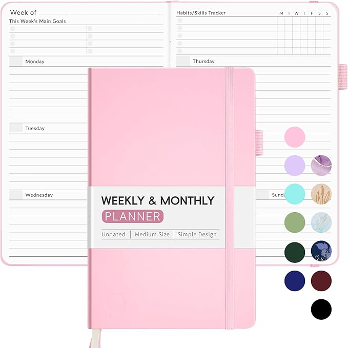 Undated Weekly Planner for 2025, Forvencer Simplified Weekly & Monthly Calendar Planner, Cute Daily Organizer Notebook, Agenda Journal to Track Goals & Tasks, Start Anytime, A5 Size, Pink