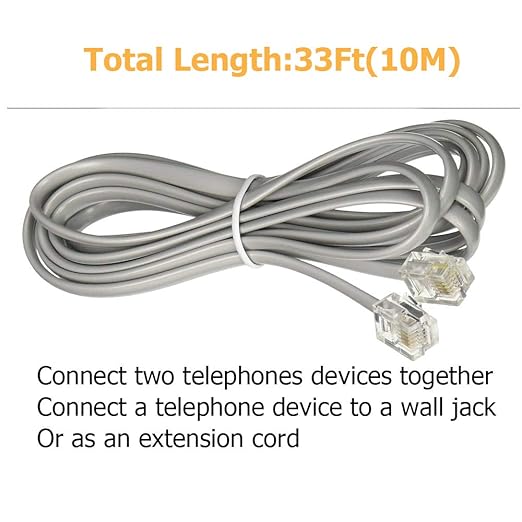 Phone Extension Cord 33 Ft, Telephone Cable with Standard RJ11 Plug and 1 in-Line Couplers and 20 Cable Clip Holders, Grey