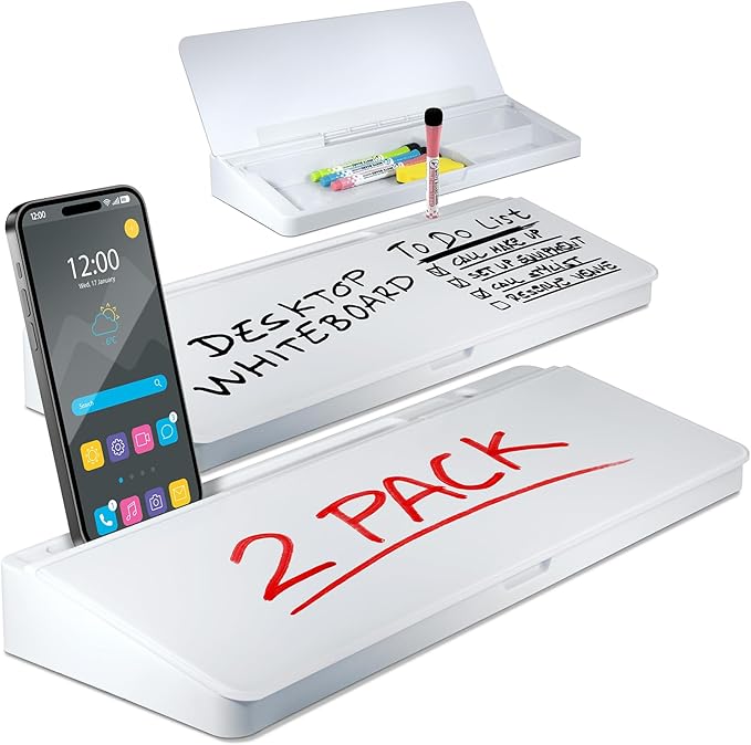 Desktop Whiteboard - Glass Dry Erase White Board - Desk Computer Buddy – Home Office & Studying Essentials - with Phone & Tablet Slot, Storage Compartment - Includes 4 Markers, 1 Eraser (2 Pack)