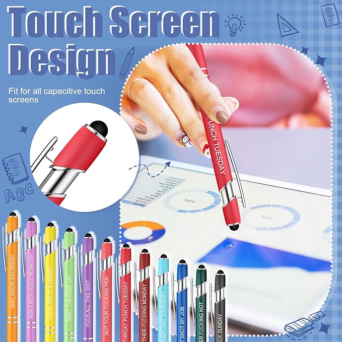 Zonon 12 Pieces Inspirational Pens Bulk Easter Basket Stuffers Motivational Quotes Ballpoint Pens with Stylus Tip Inspirational Gifts for School Office Teachers(Fancy Color,Funny Week)