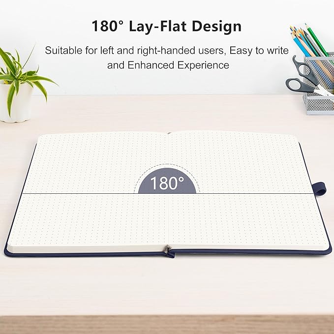 RETTACY Bullet Dotted Journal Notebook, 192 Pages, A5 Medium Size (5.7'' x 8.3''), Leather Hardcover, 100 GSM Thick Paper, for Bullet Journaling, Planning, Tracking (Navy Blue)