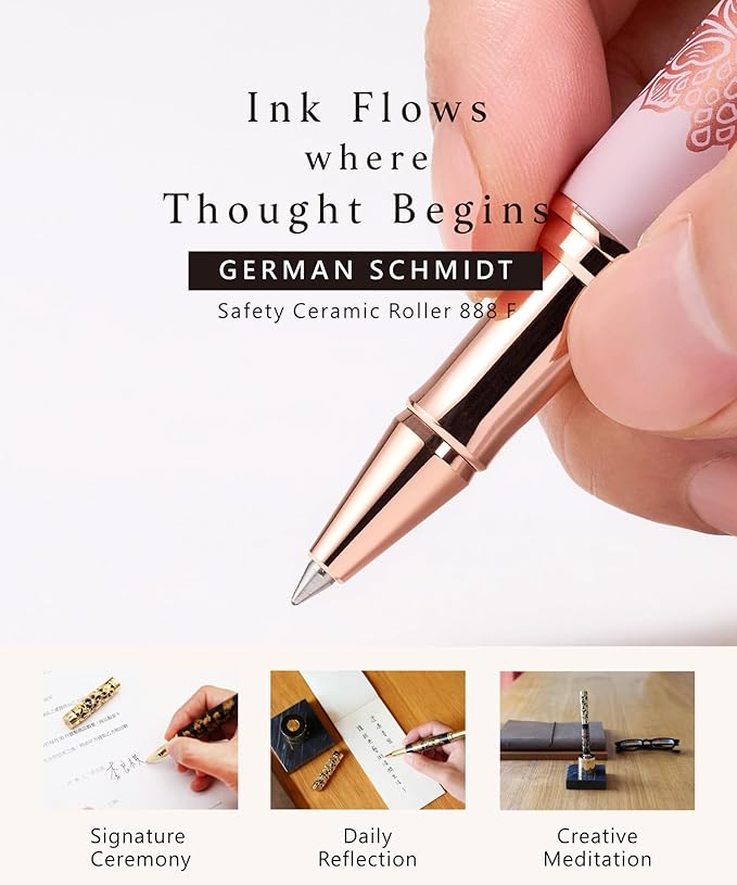 Executive Rollerball Pen Sets With Stand - Museum Art Collections - Crafting Timeless Beauty - Luxury Pen Gift & Office Desk Decor, German SCHMIDT refill, Solid Metal & Marble Texture