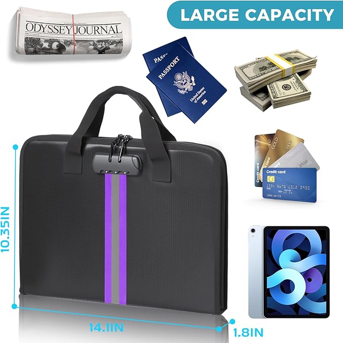 Accordion File Organizer with Combination Lock,Fireproof Expanding File Folder with Multi Pockets,13 Pockets Document Organizer with Handle & Labels,Portable Home Travel Safe Storage Letter A4 Files