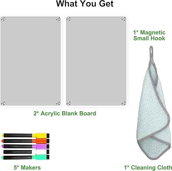 Acrylic Magnetic Dry Erase Board for Fridge Acrylic Clear White Board for Fridge Magnetic Whiteboard for Refrigerator 12"x8"Small Magnet Board 2 Pcs