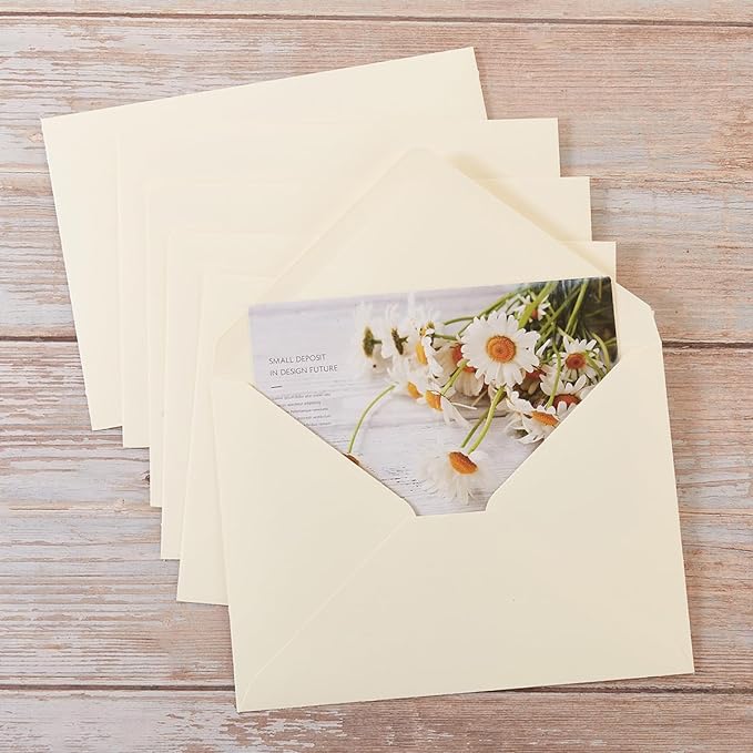 50 Pack Cream A7 Envelopes with Cards 5x7 Thick Folded Cardstock and Gold Stickers for Greeting Cards, Wedding, Birthday, Invitations, Baby Showers (Cream, 5x7)