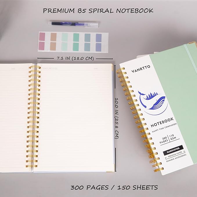Spiral Notebook, Hardcover B5 College Ruled Notebooks, 300 Pages Notebooks for Work and School, 110 GSM Thick Papers Journals for Writing, Office Supplies for Women and Men Pink B5