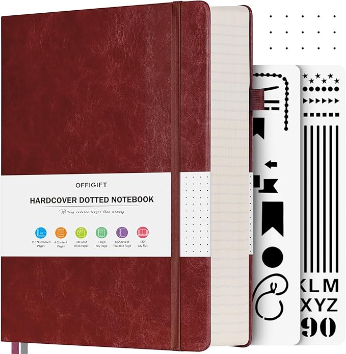 Bullet Dotted Journal Notebook, 312 Numbered Pages A5 Hardcover Leather Journal, 100gsm No Bleed Paper Dot Grid Notebook with Index Pages, Dot Journal for Women Men, 5.75" x 8.38", Burgundy