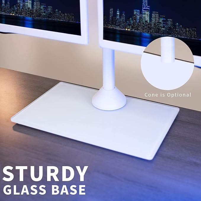 VIVO Freestanding Dual Monitor Stand with Sleek Glass Base and Adjustable Arms, Mounts 2 Screens up to 32 inch and 22 lbs Each, White, STAND-V002FGW