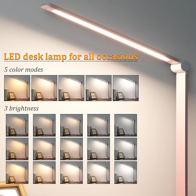 LED Desk Lamp with USB Ports,Touch Desk Lamps for Home Office with 5 Color Modes,3 Brightness Desk Light with Small Night Light,Reading Lamp Table Lamp for Bedroom Bedside Study Pink （with adapter）