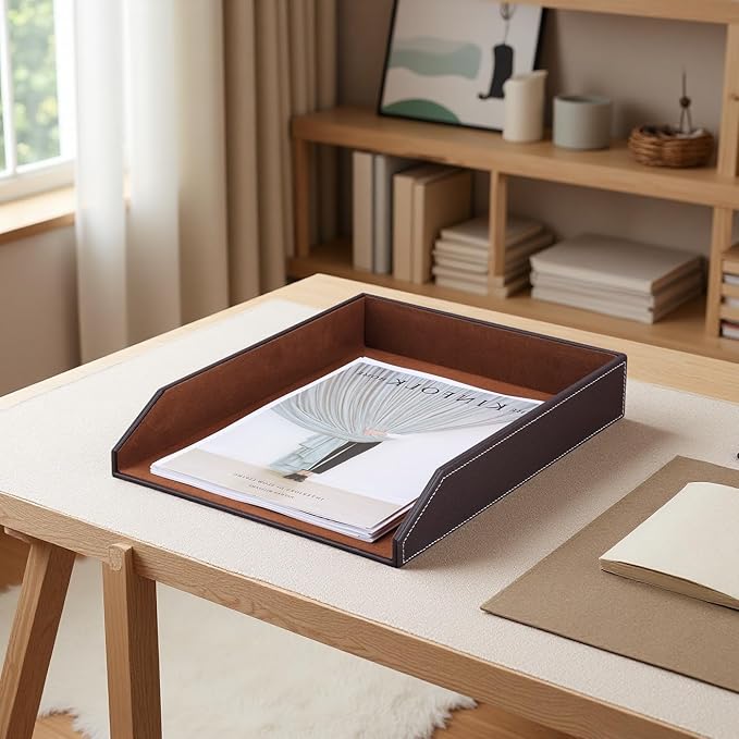 KINGFOM Letter Tray, PU Leather Paper Organizer Tray for Desk, Paper Organizer Storage Holder for Office Home or School A4 Size Brown
