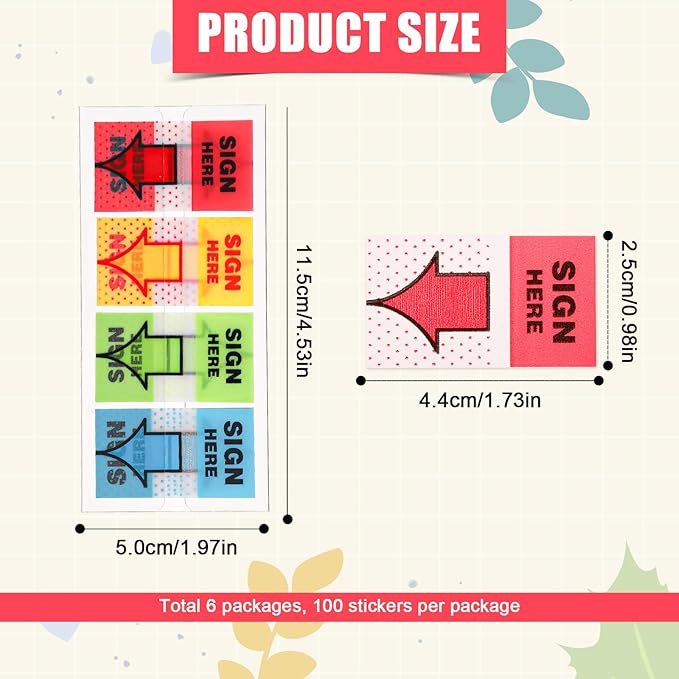 600pcs/6 Packs Sign Here Tabs, Arrow Labels Stickers Sticky Signature Tags Adhesive Message Flags for Documents Notebooks Home Office School Supplies