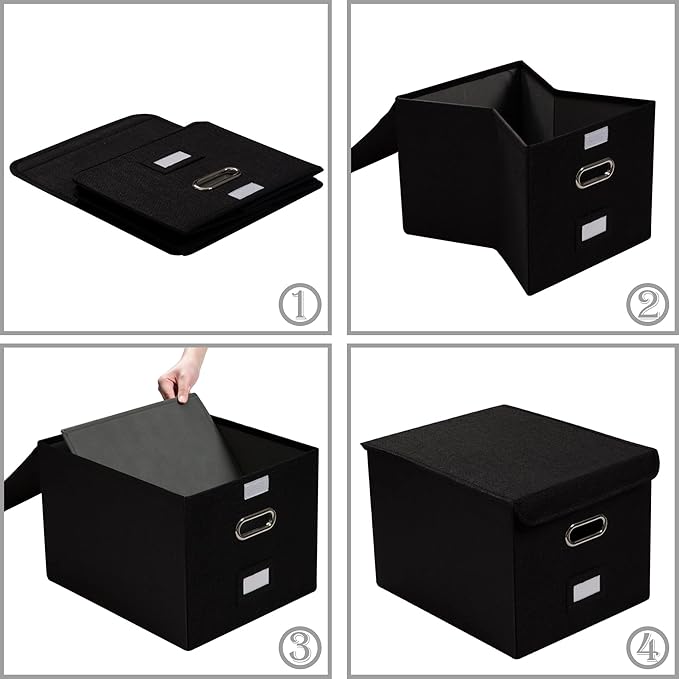 PRANDOM File Organizer Box - Set of 2 Collapsible Decorative Linen Filing Storage Hanging File Folders with Lids Office Cabinet Letter Size Black (15x12.2x10.75 inch)
