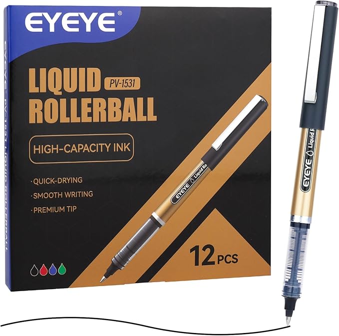 EYEYE Black Rollerball Pens 12 Pack 0.7mm Medium Point, Quick Dry Liquid Ink, Smooth Writing for Journaling, Note Taking, Office & School Supplies