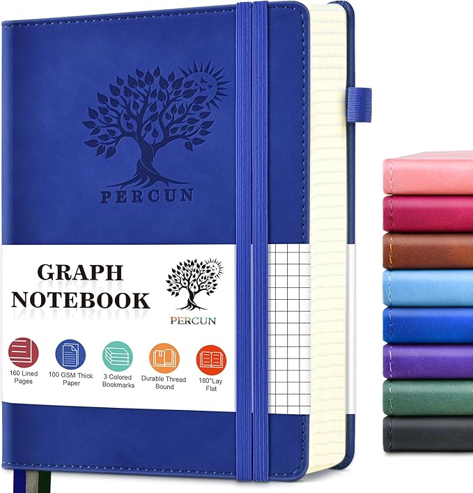 PERCUN Graph Paper Notebook, 160 Pages Grid Journal for women & men, A5 Hardcover Leather Graphing Notebook for School, Work, Travel, Note Taking 5.9”x8.5” (Navy)