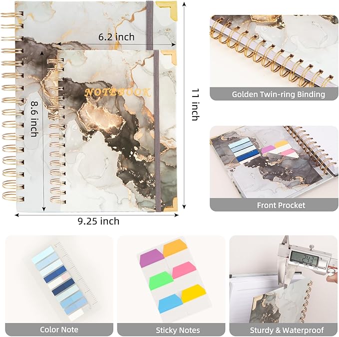 A4 Spiral Notebooks for Work, 300 Pages Lined Spiral Journal Notebook, 5 Subject College Ruled Journals for Writing, 11”x9.25''Journaling Notebooks for School Office Supplies (Grey Marble)