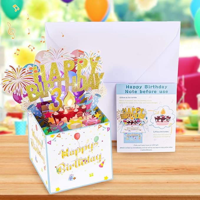 Tnvee 3RD Birthday Cards with Lights Music, 3D Pop Up Singing Happy Birthday Greeting Cards Gifts Ideal for 3 Year Old Kids Boy Girl