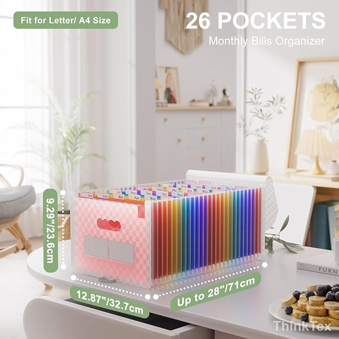 ThinkTex Accordion File Organizer, 26 Pockets Expanding File Folders, Monthly Bill Receipt Documents Organizer, A-Z Colorful Tabs, Letter/A4 Size - Pink