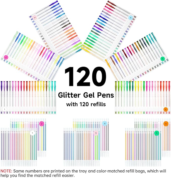 Shuttle Art 240 Pack Glitter Gel Pens, 120 Colors Glitter Gel Pen Set with 120 Refills for Adult Coloring Books Craft Doodling