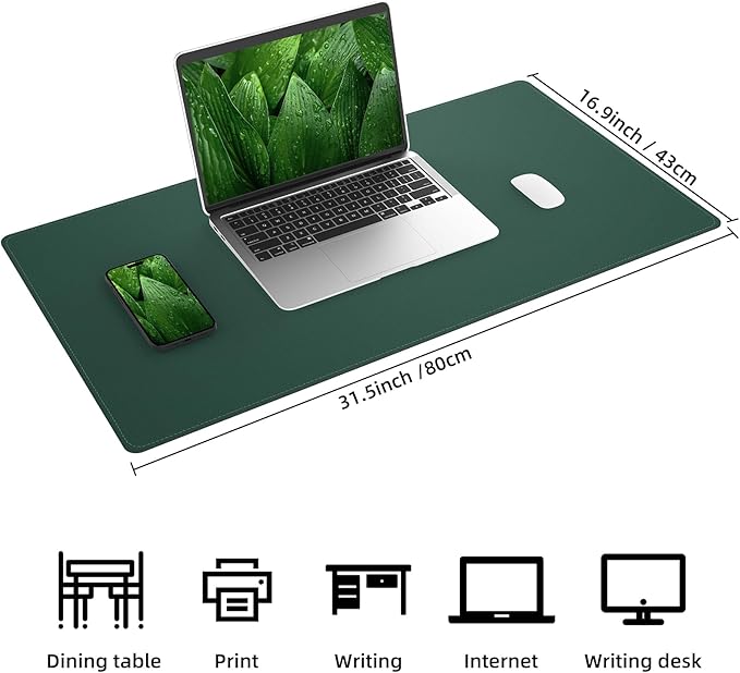 AFIING Dual-Sided Desk Pad, Natural Cork & PU Leather, Desk Mat Protector Non-Slip, Waterproof, Easy Clean,Large Mouse mats for Office and Home Work(Dark Green, 31.5"x17")