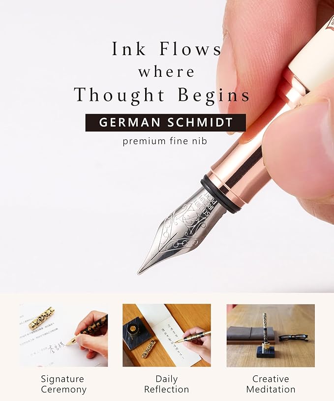 Luxury Fountain Pen Set With Stand - Museum Art Collections - Crafting Timeless Beauty - the Best Gift & Office Desk Decor, German SCHMIDT Fine Nib, Solid Metal & Marble Texture