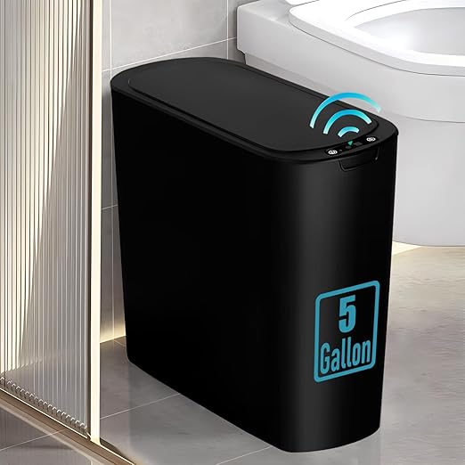 5 Gallon Motion Senor Bathroom Trash Can with Lid, Automatic Garbage Can Touchless, Smart Plastic Waste Basket for Narrow Spaces, Bathroom, Office, Bedroom, Living Room (Black)