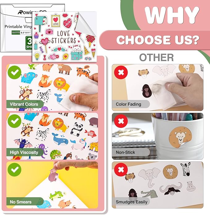 30 PCS Printable Vinyl Sticker Paper for inkjet printer & Laser Printer,Standard Letter Size 8.5"x11",Waterproof Sticker Paper Dries Quickly Vivid Colors,Matte White