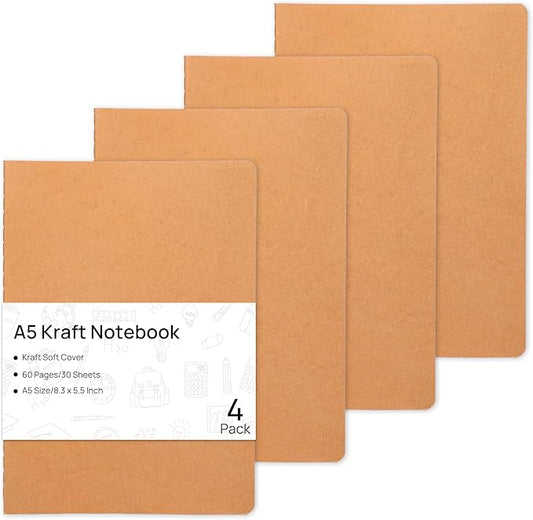 4 Pack Blank Kraft Notebooks, 8.3x5.5 Inches A5 Small Journals Bulk Blank Notebooks 80 Gsm Unlined with 60 Pages A5 Subject Notebooks Traveler Journal Set for Adult Students Back to School Supplies