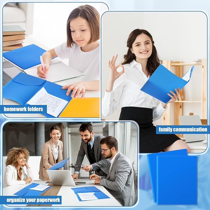 Gueevin 24 Pcs Plastic Folders with Pockets, Two Pocket Folder Fit Letter Size, Heavy Duty School Business Card Holder for Home Office School Bussiness, 11.61 x 9.45 Inches (Blue)