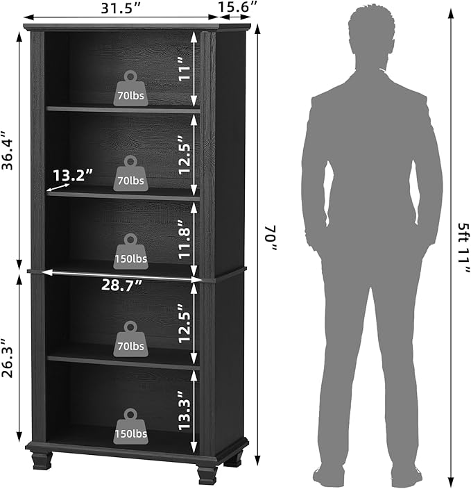70" Tall Black Bookshelf,5 Tier Wooden Book Shelf with Adjustable Shelves & Wood Legs,Free Standing Farmhouse Bookcase with Open Display Storage,Vintage Bookshelves for Living Room,Office