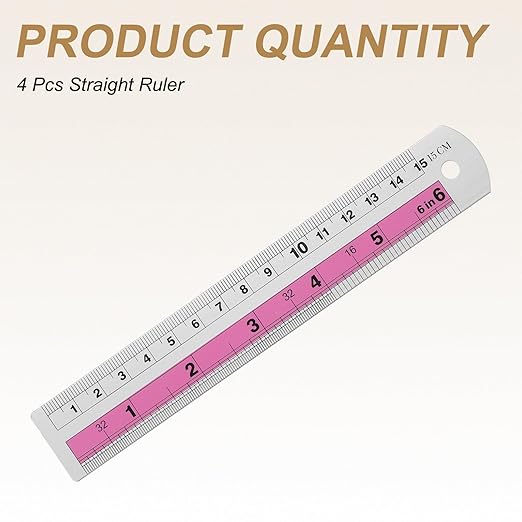 HARFINGTON 4pcs Metal Straight Ruler 15cm Metric SAE Aluminum Alloy Measuring Rulers Scale Tools with Hole for Measure Study Reading Classroom Office, Pink