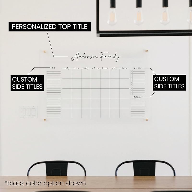 Personalized Clear Acrylic Calendar for Wall, Calendar Whiteboard for Wall, Dry Erase Wall Calendar, Wall Calendar Organizer System for Home (Cursive, White, 31"W x 23"H)