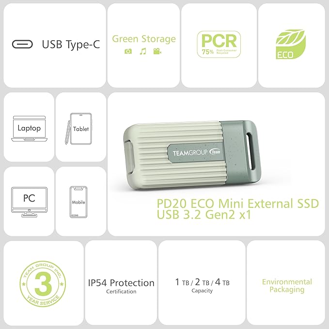 TEAMGROUP PD20 ECO 2TB Portable External Solid State Drive SSD Read up to 1000MB/s USB 3.2 Gen2x1 Type-C Waterproof Dustproof IP54 TPSEG4002T0C102