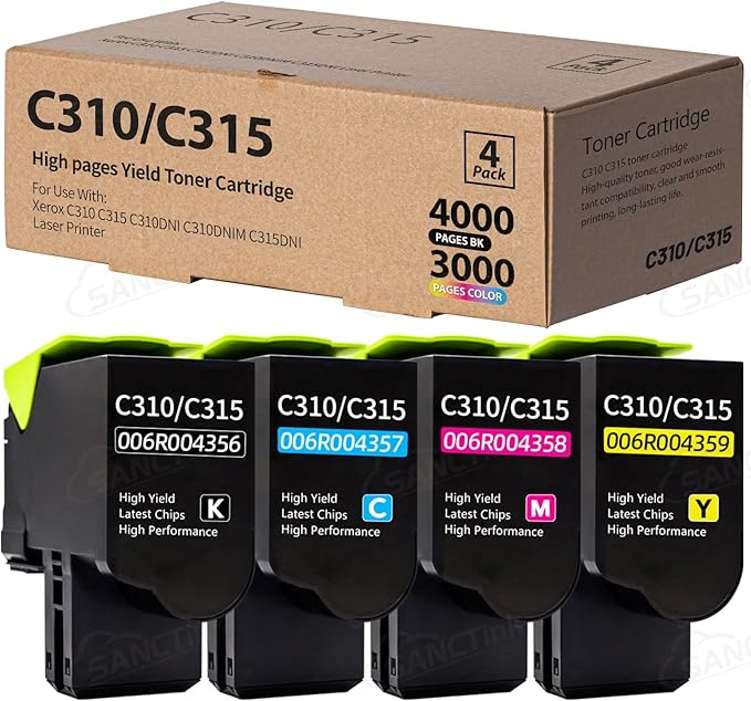 C310 C315 Toner Cartridge Compatible for Xerox C310 C315 Xerox 006R004356 006R004357 006R004358 006R004359 Xerox C310 C310DNI C310DNIM C315 C315DNI Laser Printer (C/M/Y/BK, 4-Pack)
