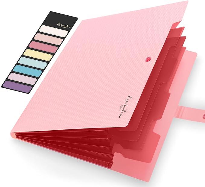 Sooez Expanding File Folder, Letter Size Accordion File Organizer, 5 Pocket Folders for Documents, Cute Folder with Labels, Portable Paper Organizer for School Office Supplies, A4 Size, Pink