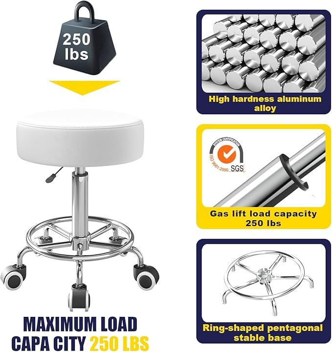 Rolling Stool, Heavy Weight Capacity 250lb, PU Leather Rolling stools, Ultra Soft Padded Seat, Rolling Stools with Wheels and Footrest, 360° Swivel, Spa Drawing Salon Work Office Tattoo Stool (white)