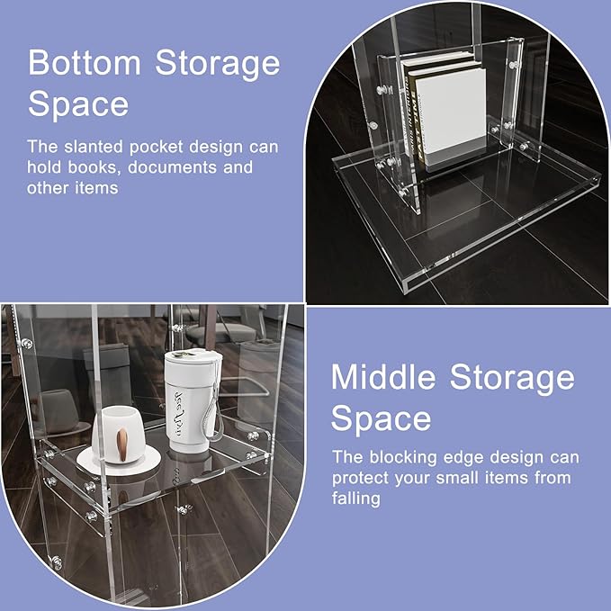 Acrylic Podium Stand With Storage Shelf,Segmented Transparent Lecterns & Podiums,Pulpits For Churches、Conference、Speeches、Weddings、Classroom、Concert,47" H Professional Presentation Podiums
