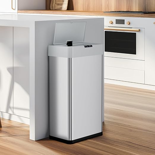 AthLike Sensor Trash Can, Touchless Motion Sensor Trash Bin, Smart Automatic Garbage Can with Soft-Close Lid, Bag Retainer Ring and Display Light,for Kitchen,Living Room Office (Silver, 18.5 Gal)