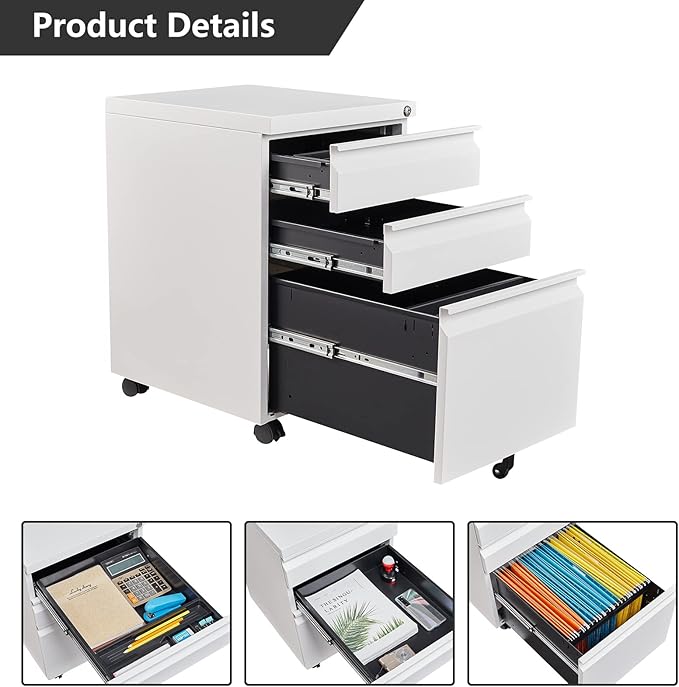 3 Drawer Mobile File Cabinet with Lock,Under Desk Filing Cabinet for Home Office, Metal Filing Cabinets on Wheels for Legal/Letter/A4 File, Fully Assembled Except Wheels, White