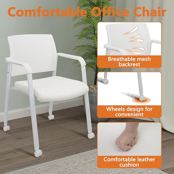 CLATINA Stacking Office Chairs | Mesh Back, Thicken Leather Seat and Arms, Ergonomic Lumber Support | Guest Reception, Waiting, Conference, School, Party, Customer, Side, Stationary | Set of 2, White