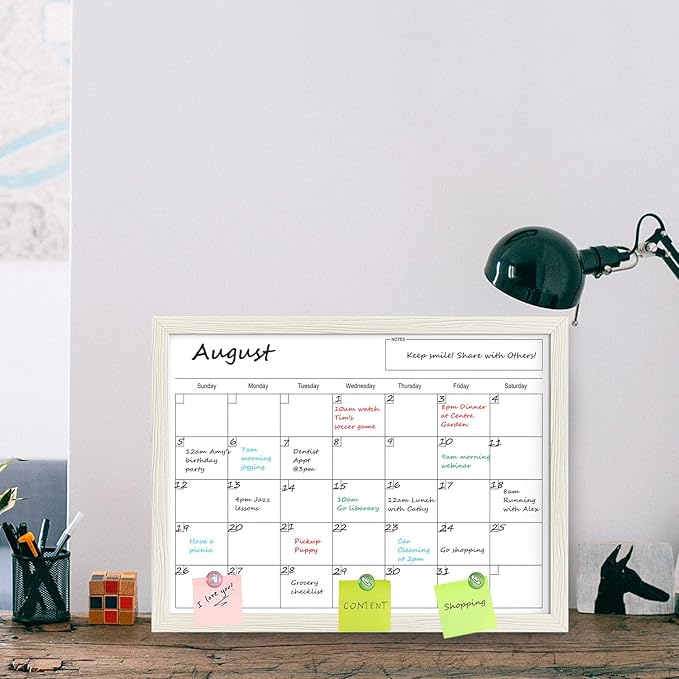 Calendar Whiteboard for Wall, TANKEE 17x13 Inches Dry Erase Calendar, Magnetic Small White Board with Wood Frame, Hanging Dry Erase Board for Wall Kitchen Home Office Planner