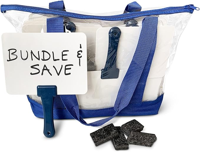 Trainers Warehouse Deluxe Whiteboards Combo Set: 30 Two-Sided Dry-Erase Answer Boards with Tote Bag & Mini Erasers | Sturdy, Easy-to-Hold & Clean, Blue Handles (5.9" x 7.75")