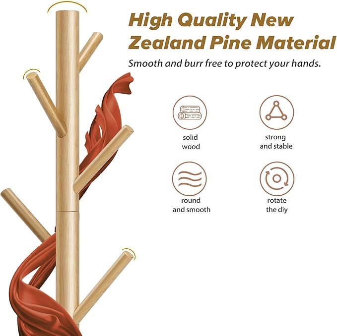 Wooden Coat Rack, Free Standing Coat Rack with 8 Hooks 3 Adjustable Heights for Clothes, Hats, Handbags, Coat Tree Easy Assembly for Entryway, Bedroom, Hallway, Office (New Nature)