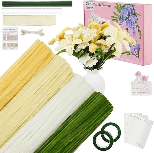 400 Pcs Pipe Cleaners Craft Set，4 Colors Chenille Stems Bulk with Floral Wires, Gardening Tape,Hot Glue Stick,Greeting Card,Bouquet Paper, Stamen & Ribbon, Flowers Craft kit for DIY Handmade Bouquet