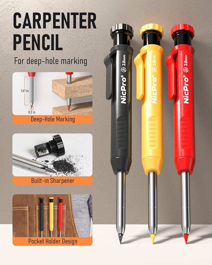 Nicpro 3 Pack Carpenter Pencil with Sharpener & Holder, Mechanical Carpenter Pencils with 39 Refills (Red, Black, Yellow), Heavy Duty Construction Pencils Woodworking Pencils for Contractor, Architect