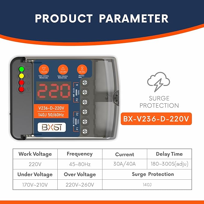 BXST Heavy Duty Wiring Surge Protector with LED Display Adjustable Voltage & Delay Protection, 220V, 30A, 6600W Max, 140J Surge Protection for Refrigerators, Air Conditioning, Motors, Pumps