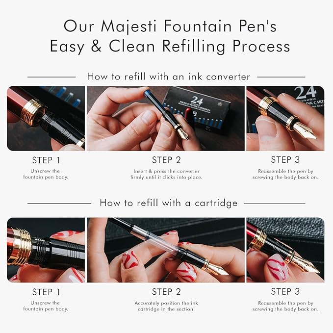Wordsworth & Black Majesti Fountain Pen-(Red), Luxury Case, 24K Gold Finish; 18K Gilded Extra Fine Nib- Ink Cartridges, Refillable Ink Converter-Calligraphy Pen-Best Business Gift Set for Men & Women
