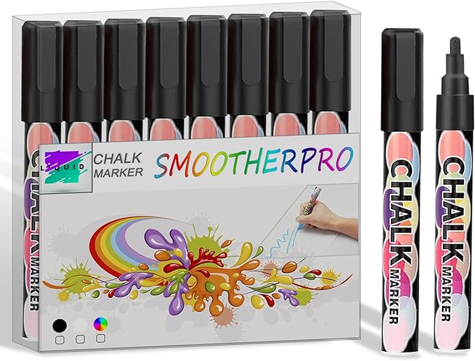 SMOOTHERPRO Liquid Chalk Marker Set 8 Colors 6mm Hightlight Blackboard Colorful Markers for Store Promotion, Menu Board, Art Decoration, Advertisement, Chalkboard (Black)