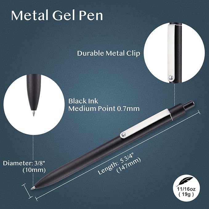 LINFANC 5 Pcs Gel Pens Ballpoint, Metal Barrel Medium Point 0.7 mm Quick Dry Black Ink Pens for Journaling, Smooth Writing Gel Pen, Cute School Supplies Office Supplies Gifts for Men